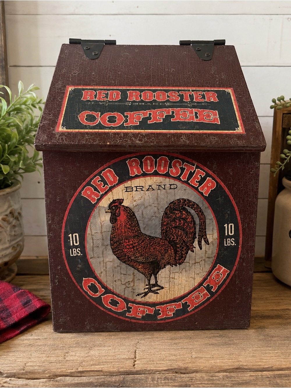 Vintage Red Rooster Coffee Wooden Storage Bin – 10 LB Country Store Décor